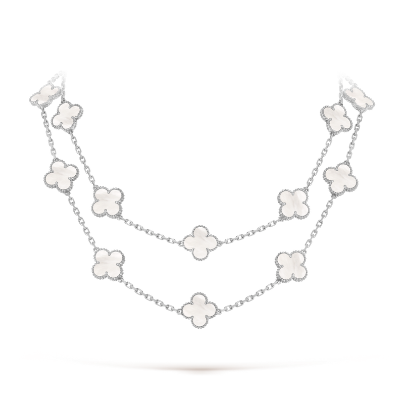 Vintage Alhambra long necklace, 20 motifs 18K white gold, Mother-of-pearl