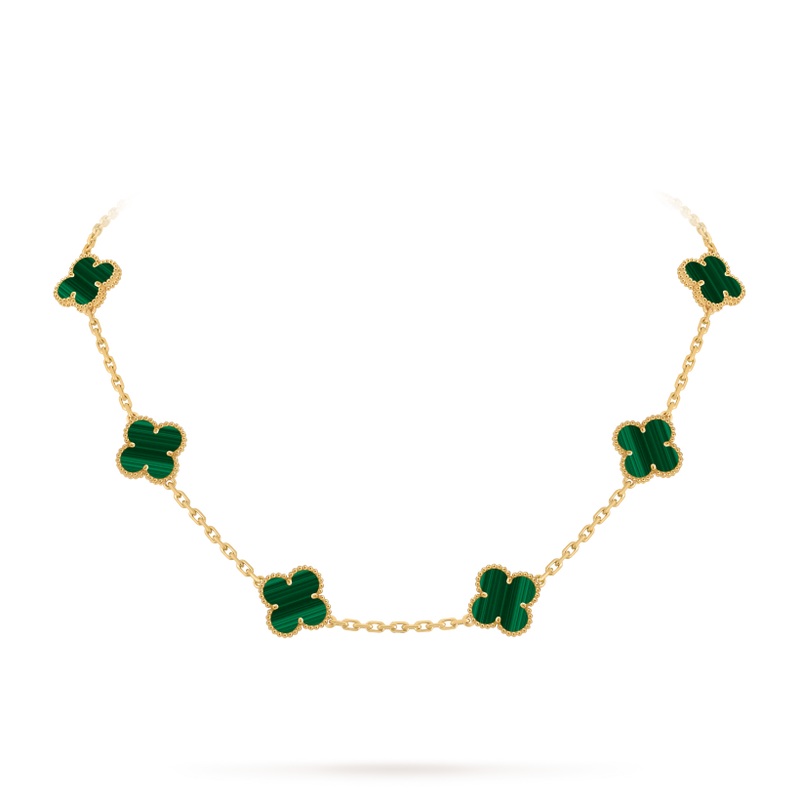 Vintage Alhambra necklace, 10 motifs 18K yellow gold, Malachite