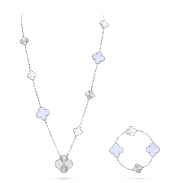 Magic Alhambra transformable long necklace, 15 motifs 18K white gold, Chalcedony, Mother-of-pearl