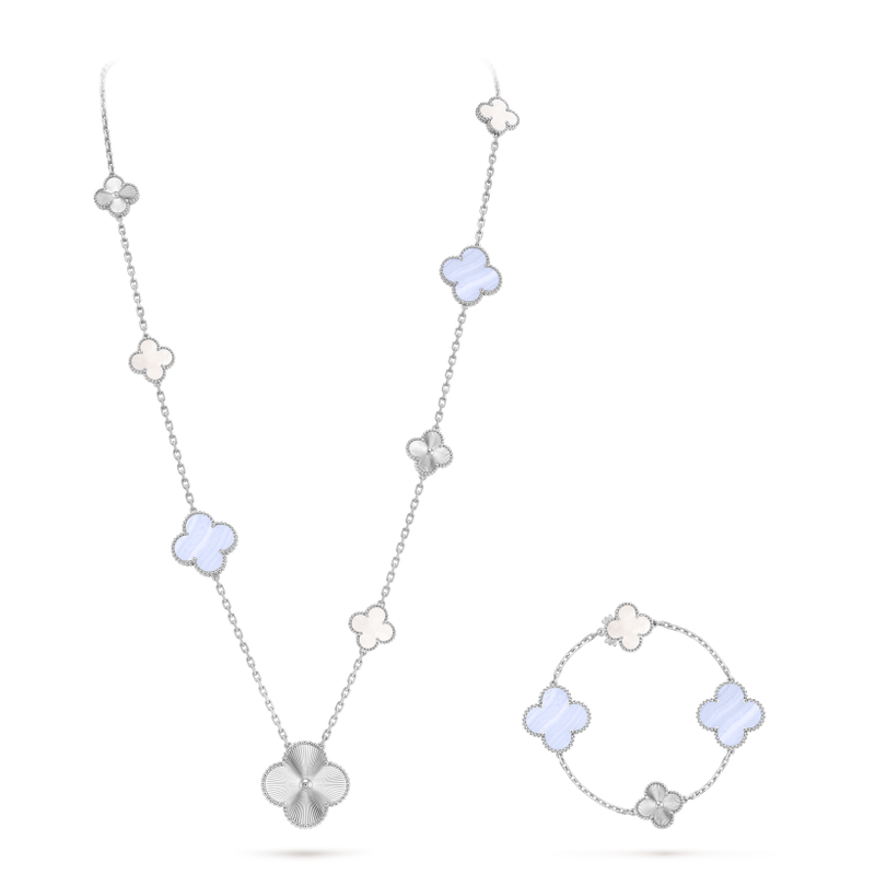 Magic Alhambra transformable long necklace, 15 motifs 18K white gold, Chalcedony, Mother-of-pearl