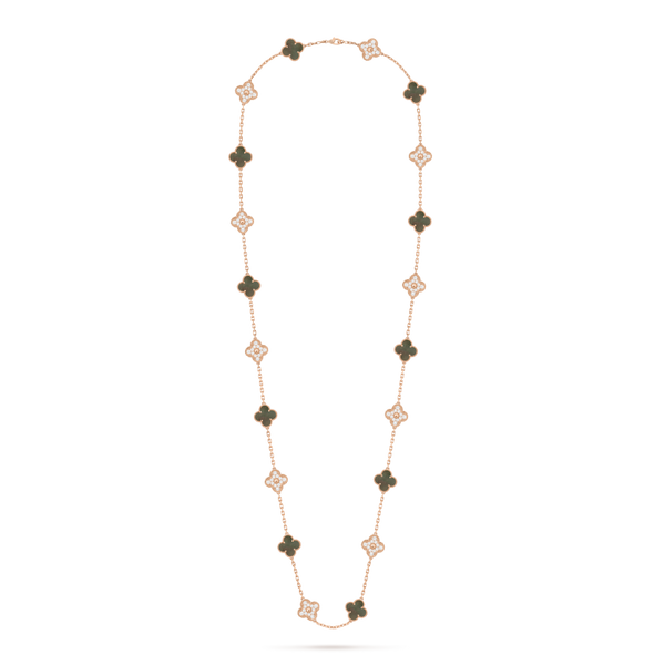 Vintage Alhambra long necklace, 20 motifs 18K rose gold, Diamond, Mother-of-pearl