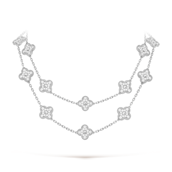 Vintage Alhambra long necklace, 20 motifs 18K white gold, Diamond