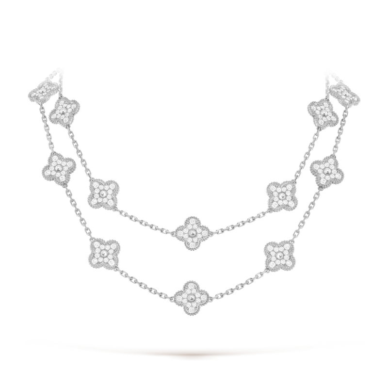 Vintage Alhambra long necklace, 20 motifs 18K white gold, Diamond