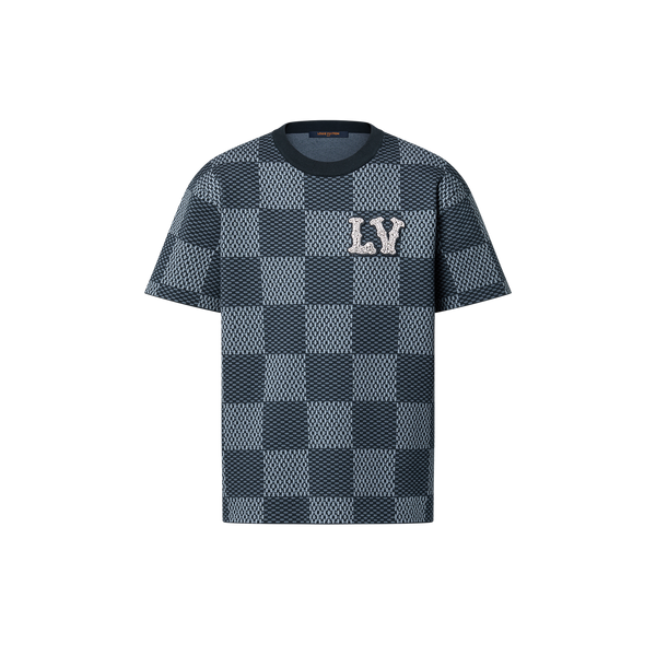 Pull ras du cou à manches courtes en coton Damier avec patch LV en cristal Indigo