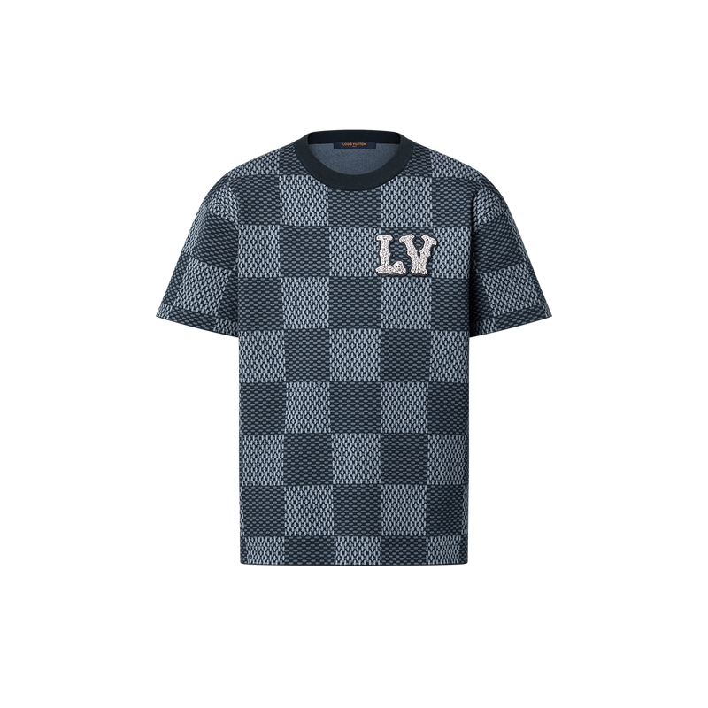 Pull ras du cou à manches courtes en coton Damier avec patch LV en cristal Indigo