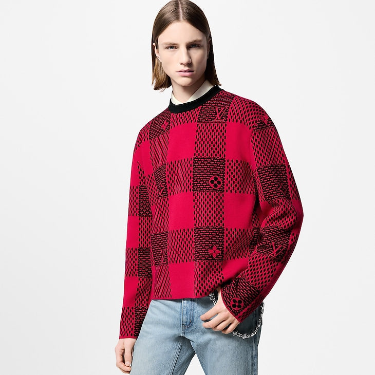 Pull col rond en laine Damier