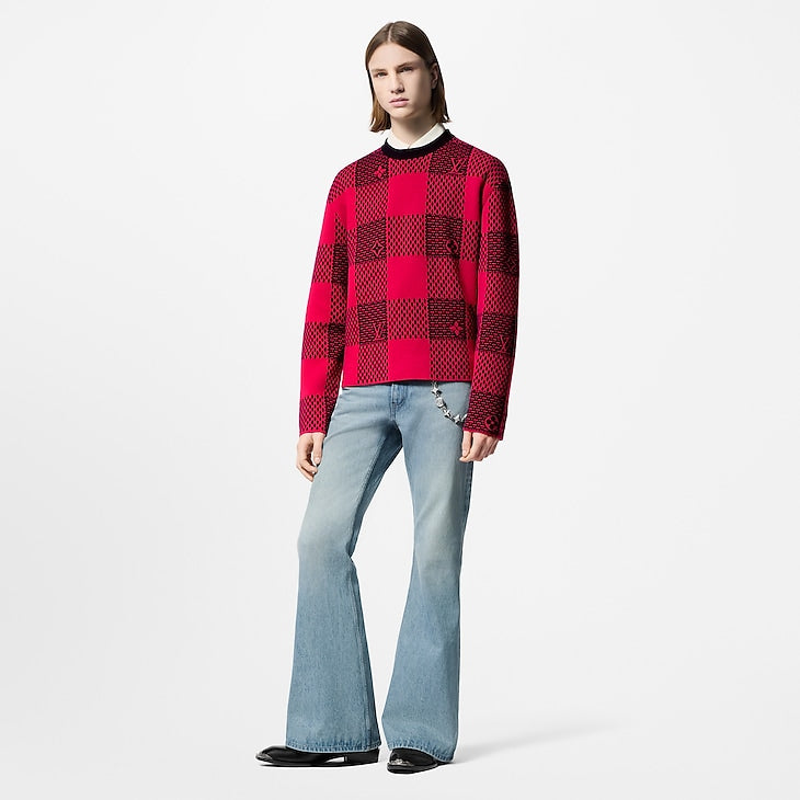 Pull col rond en laine Damier