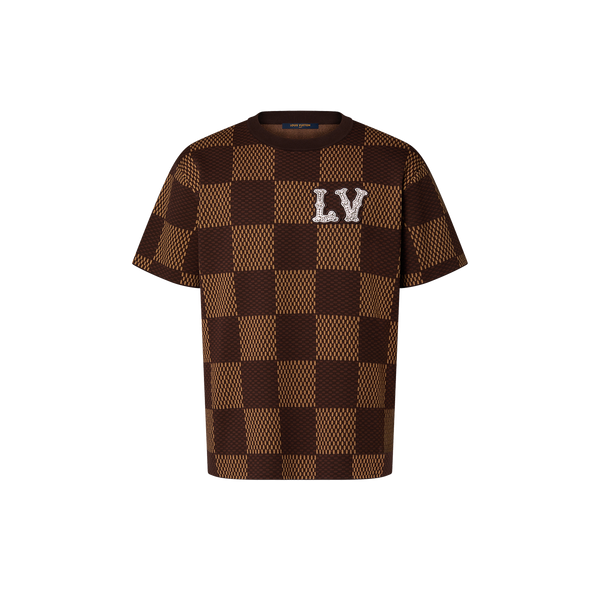Pull ras du cou à manches courtes en coton Damier de Louis Vuitton avec patch LV en cristal Sienna
