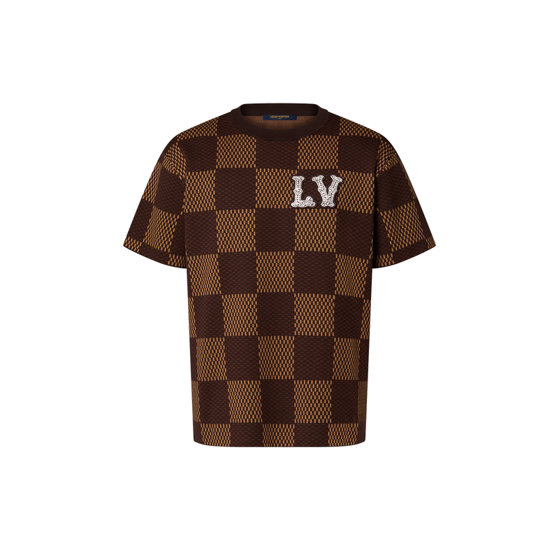 Pull ras du cou à manches courtes en coton Damier de Louis Vuitton avec patch LV en cristal Sienna