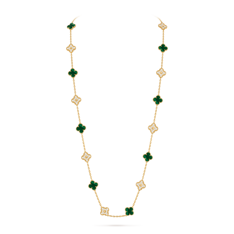 Vintage Alhambra long necklace, 20 motifs 18K yellow gold, Diamond, Malachite