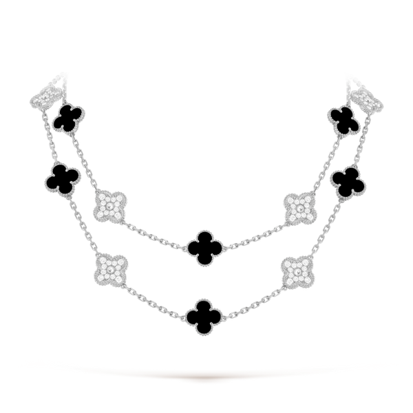 Vintage Alhambra long necklace, 20 motifs 18K white gold, Diamond, Onyx