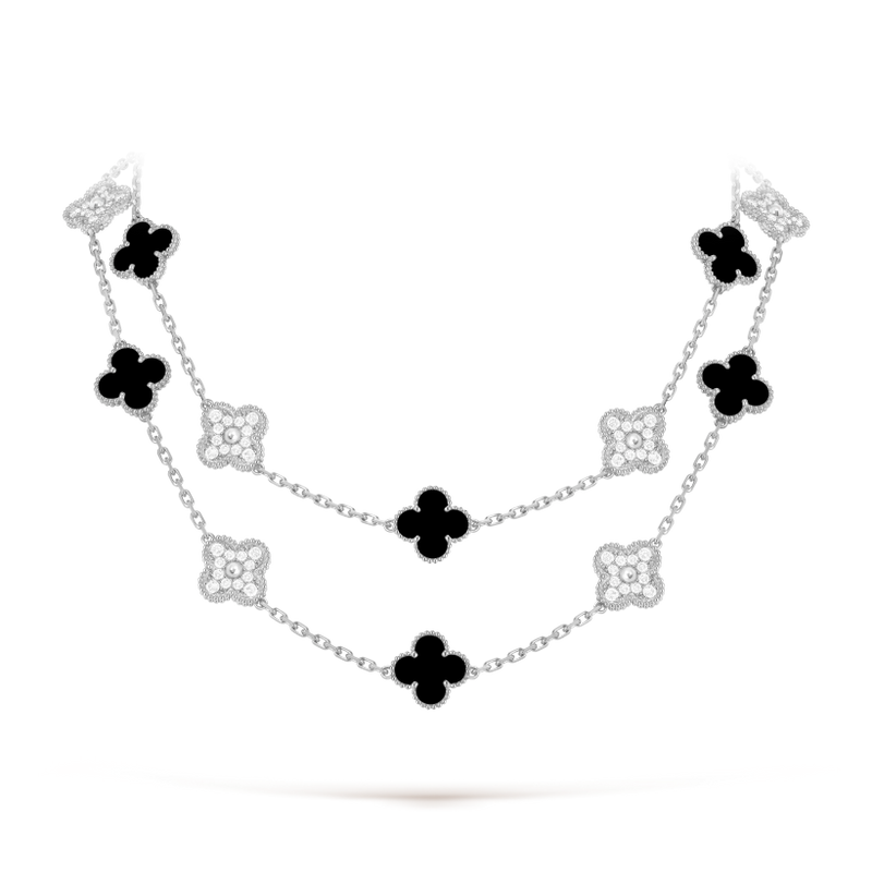 Vintage Alhambra long necklace, 20 motifs 18K white gold, Diamond, Onyx