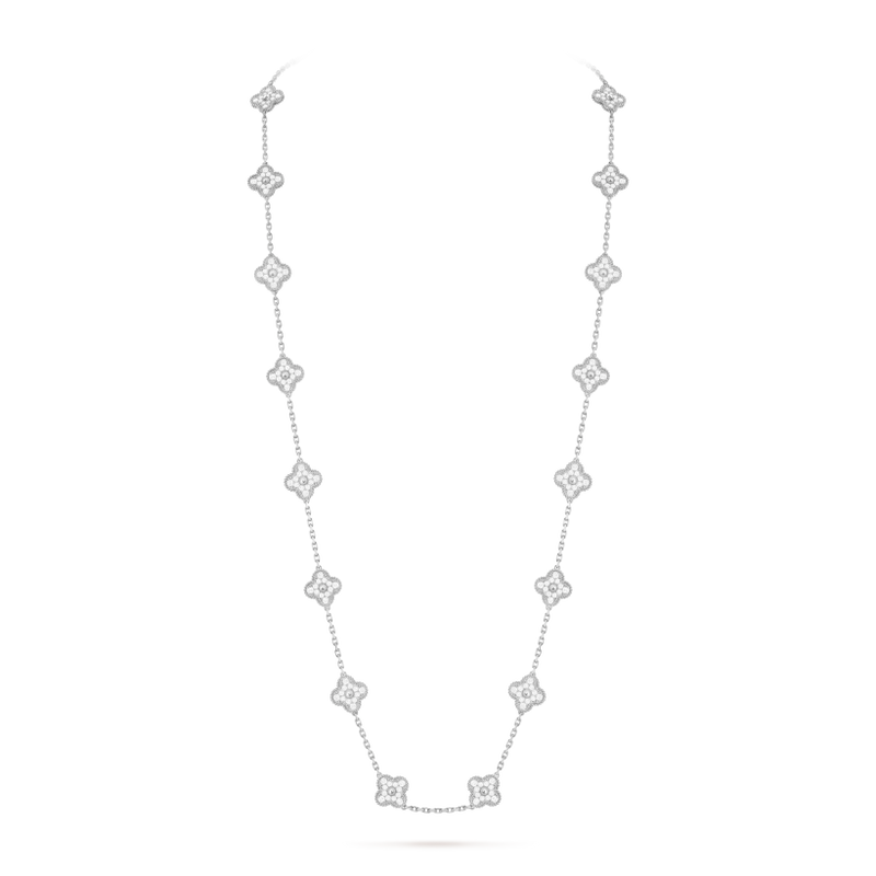 Vintage Alhambra long necklace, 20 motifs 18K white gold, Diamond