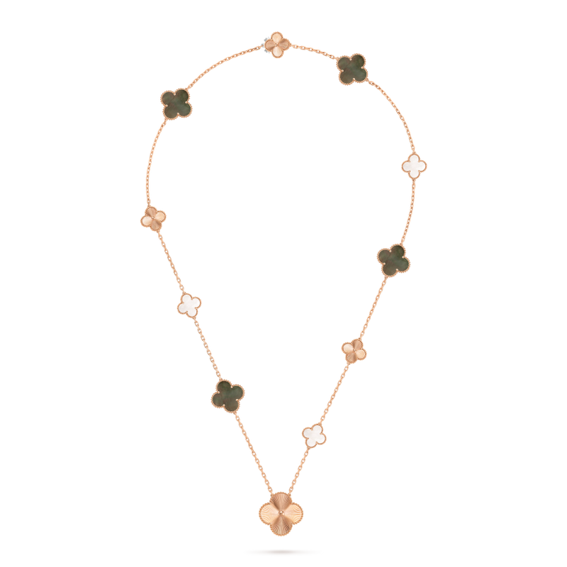 Magic Alhambra transformable long necklace, 15 motifs 18K rose gold, Mother-of-pearl