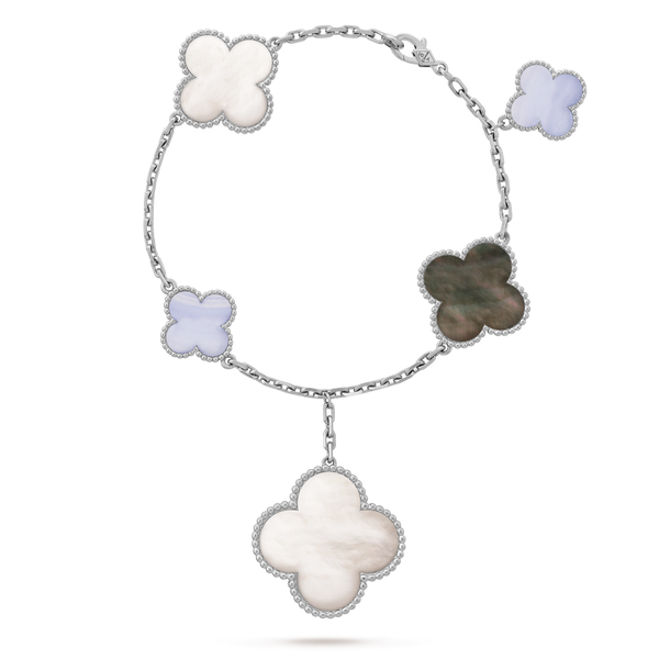 Bracelet Magic Alhambra, 5 motifs Or blanc 18 carats, Calcédoine, Nacre