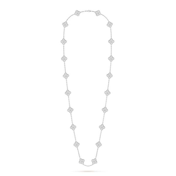 Vintage Alhambra long necklace, 20 motifs 18K white gold, Diamond