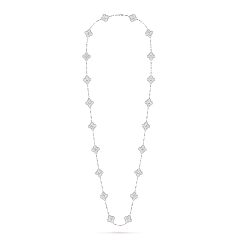 Vintage Alhambra long necklace, 20 motifs 18K white gold, Diamond