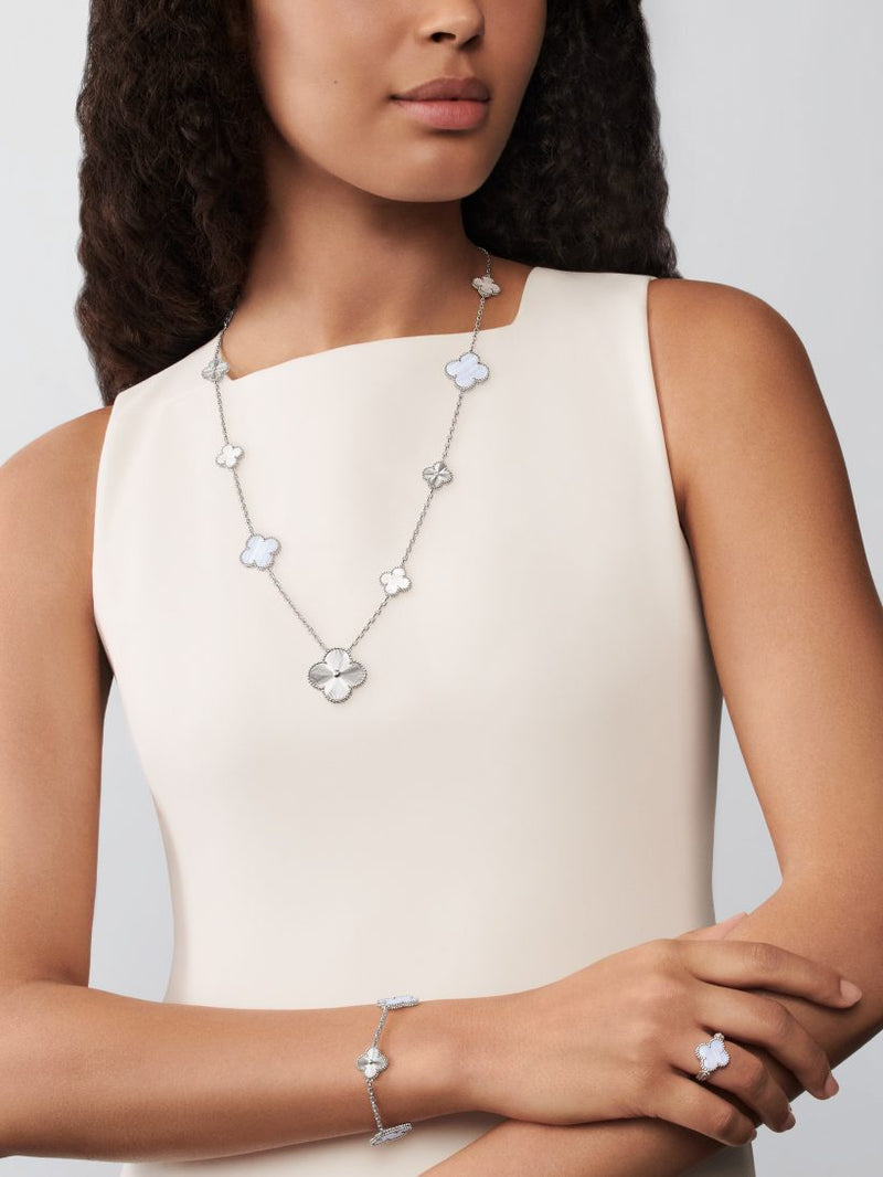Magic Alhambra transformable long necklace, 15 motifs 18K white gold, Chalcedony, Mother-of-pearl