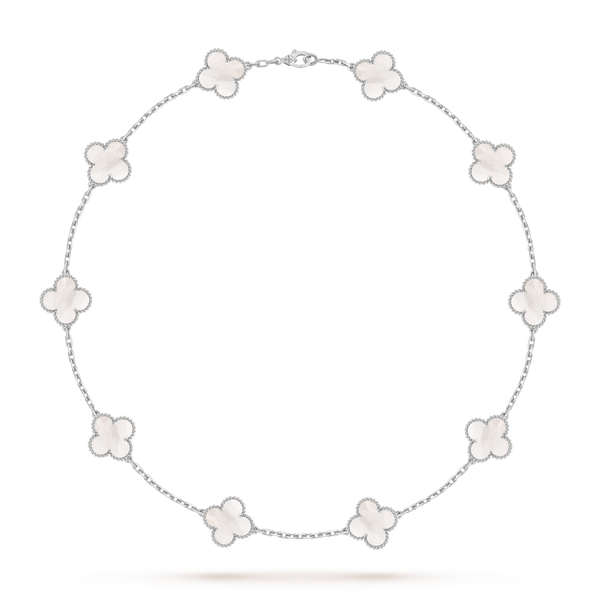 Vintage Alhambra necklace, 10 motifs 18K white gold, Mother-of-pearl