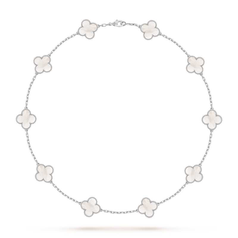 Vintage Alhambra necklace, 10 motifs 18K white gold, Mother-of-pearl