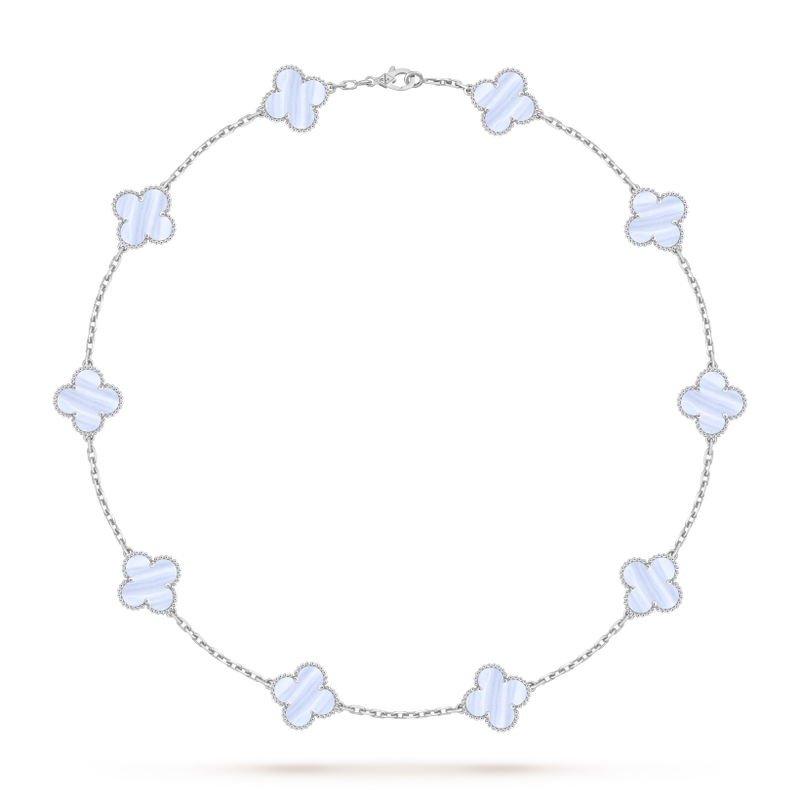 Vintage Alhambra necklace, 10 motifs 18K white gold, Chalcedony