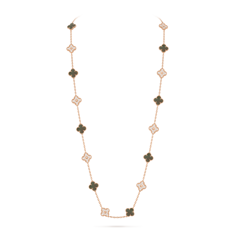 Vintage Alhambra long necklace, 20 motifs 18K rose gold, Diamond, Mother-of-pearl