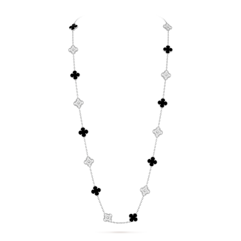 Vintage Alhambra long necklace, 20 motifs 18K white gold, Diamond, Onyx