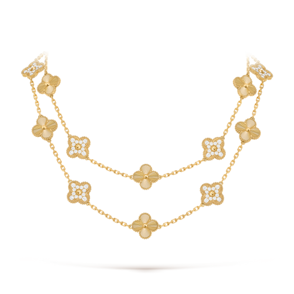 Vintage Alhambra long necklace, 20 motifs 18K yellow gold, Diamond