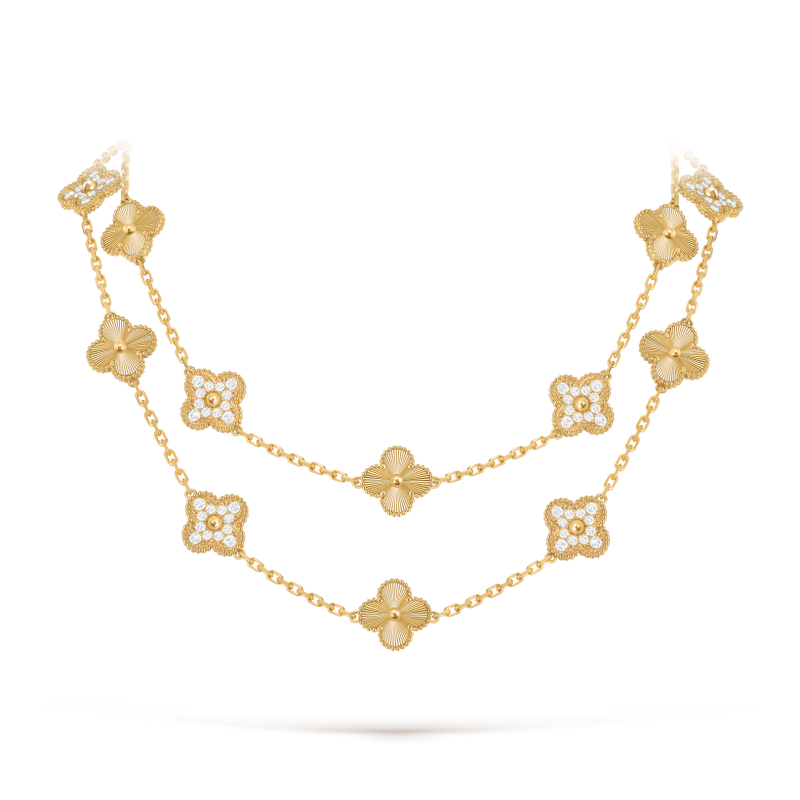 Vintage Alhambra long necklace, 20 motifs 18K yellow gold, Diamond