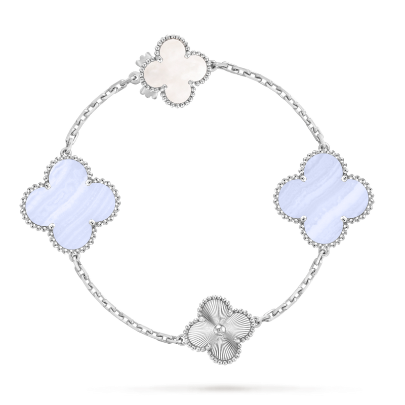 Magic Alhambra transformable long necklace, 15 motifs 18K white gold, Chalcedony, Mother-of-pearl
