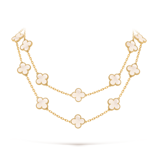 Vintage Alhambra long necklace, 20 motifs 18K yellow gold, Mother-of-pearl